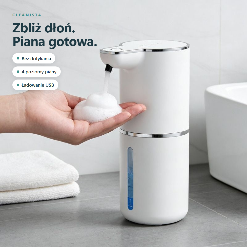 Bezdotykowy dozownik piany: zbliż dłoń, piana gotowa — bez dotykania, 4 poziomy piany, ładowanie USB