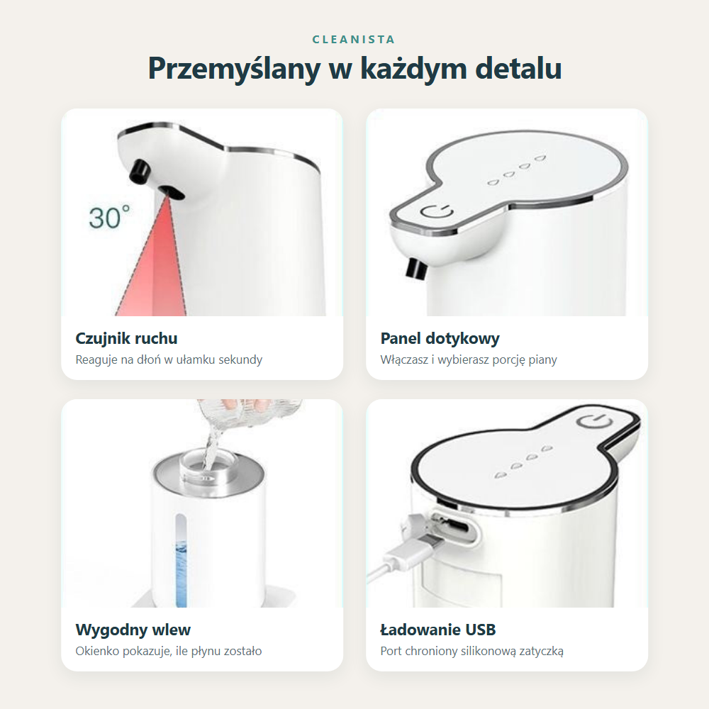 Detale dozownika: czujnik ruchu, panel dotykowy, wygodny wlew, ładowanie USB